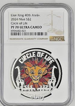 2024 Niue 2 $ LE ROI LION Cercle de la Vie 30e Anniversaire NGC PF70 Pop 7