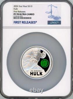 2024 Niue Marvel Incroyable Hulk 3oz Pièce d'Argent NGC 70 FR Superhéros Classiques