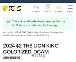 2024 Niue S$2 Disney Le Roi Lion Colorisé PCGS PR70DCAM 1 de 10