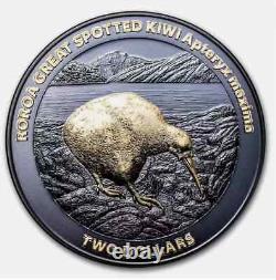 2024 Nouvelle-Zélande 2 oz. 999 Argent Black Proof Roroa Kiwi avec Boîte et COA