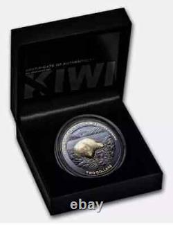 2024 Nouvelle-Zélande 2 oz. 999 Argent Black Proof Roroa Kiwi avec Boîte et COA