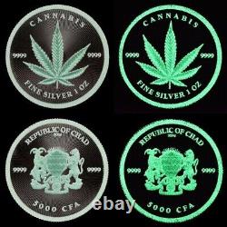 2024 Tchad 1 Oz Ounce Argent Monnaie de Marijuana Weed Ronde Lumineuse dans le Noir 100 Frappées