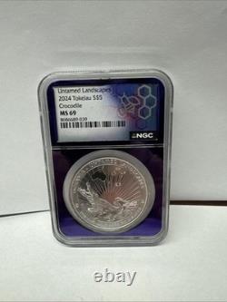 2024 Tokelau 5 $ Paysages sauvages Pièce en argent Crocodile NGC MS 69 Noyau violet