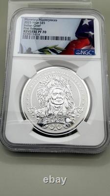 2025 Argent Niue 5 $ Chef Indien Premières Émissions REV PF70 Chefs-d'œuvre Monétaires