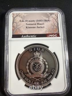 2025 Niue 1 $ S Samurai et Dragon 1 oz d’argent 999 finition reverse proof 70 antiquée