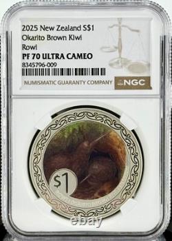 2025 Nouvelle-Zélande 1 $ Okarito Kiwi Brun Colorisé 1 oz Pièce d'Argent NGC PF 70 UCAM