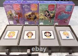 4 Disney Silver Proof Princesse Chibis Cendrillon, Blanche-neige, Belle Et Aurora