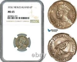AK102, Nouvelle-Zélande, George V, 6 Pence 1936, Monnaie de Londres, Argent, NGC MS65