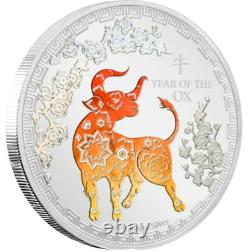 Année lunaire néo-zélandaise 2021 de l'Ox en argent colorisé 1 once, épreuve numismatique, tirage limité à 3 000 exemplaires.