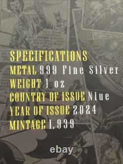 Barre en argent fin de 1 oz avec logo Batman 1996, avec boîte, pièce 2024, New Zealand Mint 032434