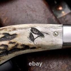 Cfk Handmade 440c Custom Fish & Lure Scrimshaw New Zealand Red Stag Antler Couteau