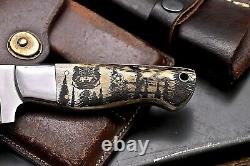 Cfk Handmade 440c Custom Wolf Forest Scrimshaw New Zealand Red Stag Antler Couteau