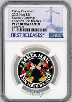 Coa 001 2022 Niue Disney's Season's Greetings Christmas 1/2oz Silver Coin Ngc 70fr