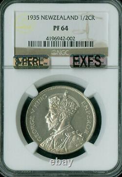 Couronne d'argent de la moitié de la Nouvelle-Zélande de 1935 Ngc Mac Pr64 8perles Très rare