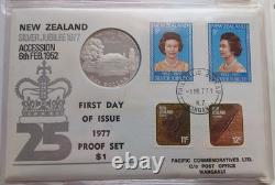 Couverture Premier Jour PNC de la preuve en argent de 1 $ du Jubilé d'Argent de Nouvelle-Zélande de 1977. Argent 925 #23/100