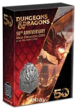 Donjons & Dragons 50e anniversaire Pièce d'argent de 2 onces en forme de dé dragon rouge 2024 Niue