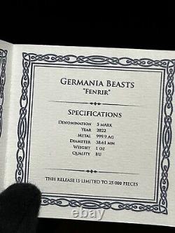 En français, cela se traduirait par : Ensemble de pièces de monnaie Germania Beasts Fenrir 2 x 1 oz. en argent 9999 BU de 2022 avec capsule duo.