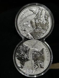 En français, cela se traduirait par : Ensemble de pièces de monnaie Germania Beasts Fenrir 2 x 1 oz. en argent 9999 BU de 2022 avec capsule duo.