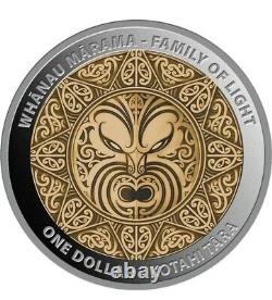 Ensemble de pièces de monnaie en argent épreuve de 2x1 oz WHANAU MARAMA 2021 'Famille de Lumière' à 1$ Nouvelle-Zélande.
