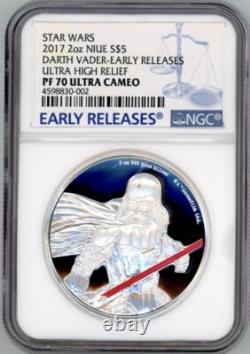 MONNAIE EN ARGENT DE 2 OZ DE DARTH VADER STAR WARS 2017 NIUE 5 $ NGC PREMIÈRES ÉMISSIONS PF 70