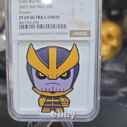 Monnaie de Nouvelle-Zélande 2023 Chibi Marvel Thanos 2 oz Argent NGC PF69 Ultra Cameo