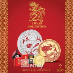 Monnaie de Nouvelle-Zélande 2024 Année lunaire du Dragon Pièce en argent colorisée de 3 oz Proof