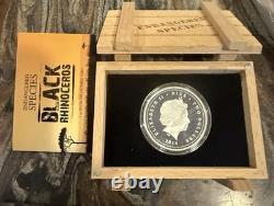 Monnaie en argent Proof de 1 oz 2014. 999 $2 Niue Rhinocéros noir RARE