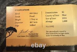 Monnaie en argent Proof de 1 oz 2014. 999 $2 Niue Rhinocéros noir RARE