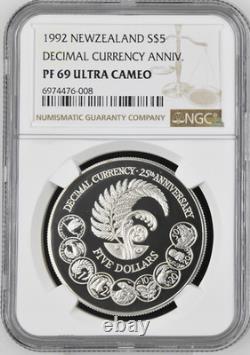 Monnaie en argent de 5 dollars néo-zélandais de 1992, anniversaire de la monnaie décimale, NGC PF 69 UC