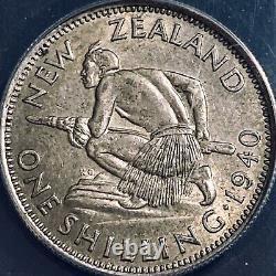 NOUVELLE-ZÉLANDE. 1940, Shilling en argent ANACS AU53 Date Semi-Clé, Rare