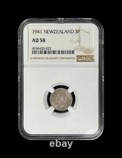 NOUVELLE ZÉLANDE. 1941, 3 Pence, Argent NGC AU58 KGVI, Patu Croisés, Date Clé