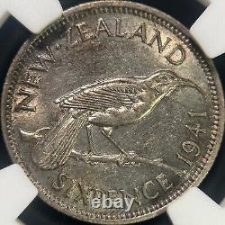 NOUVELLE-ZÉLANDE. 1941, 6 Pence, Argent NGC AU58 KGVI, Kiwi, Date Clé, Top 10