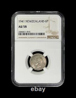 NOUVELLE-ZÉLANDE. 1941, 6 Pence, Argent NGC AU58 KGVI, Kiwi, Date Clé, Top 10