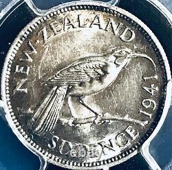 NOUVELLE-ZÉLANDE. 1941, 6 Pence, Argent PCGS AU58 Date clé, KGVI, Rare, Kiwi