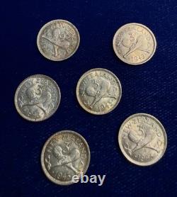 NOUVELLE-ZÉLANDE 1942-1943 Trois pence / 3 Pence Pièces en argent, Lot non circulé de (6)