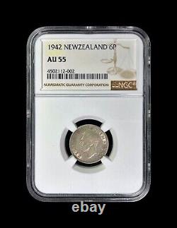 NOUVELLE-ZÉLANDE. 1942, 6 Pence, Argent NGC AU55 KGVI, Oiseau Huia, Date Clé