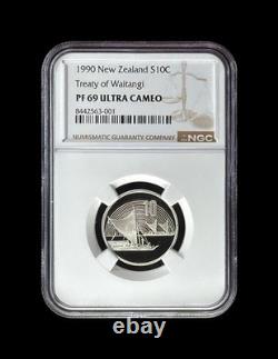 NOUVELLE-ZÉLANDE. 1990, 10 cents, argent NGC PF69 Waitangi pirogues maories RARE