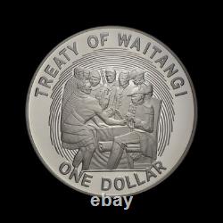 NOUVELLE-ZÉLANDE. 1990, Dollar, Traité de Waitangi en argent, Hobson, chefs maoris RARE