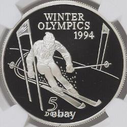 NOUVELLE-ZÉLANDE. 1994, 5 Dollars, Argent NGC PF69 Top Pop ? Jeux olympiques, Ski.