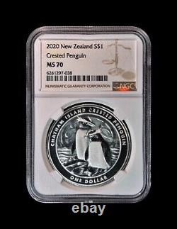 NOUVELLE-ZÉLANDE. 2020, 1 Dollar, Argent NGC MS70 Top Pop? Pingouin à crête