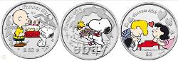 Niue 2010 $2 Célébrer le 60e anniversaire des Peanuts Ensemble de pièces de monnaie en argent pur de 3 x 1 oz Proof
