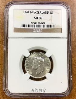 Nouvelle-Zélande 1 sh. 1942 argent NGC AU58 blanc brillant grade élevé KGVI