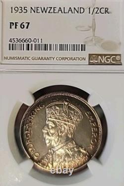 Nouvelle-Zélande 1935 Demi-Couronne Superb Gem Cameo Épreuve NGC PF67 Meilleur LV