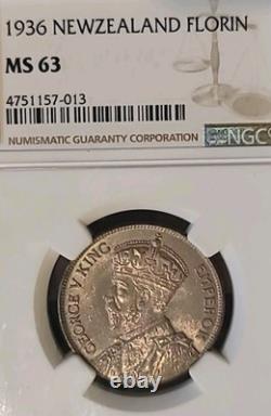 Nouvelle-Zélande 1936 Florin Superbe Gem BU RARE Date Clé Faible Tirage 160k NGC 63PQ LV