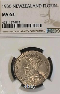 Nouvelle-Zélande 1936 Florin Superbe Gem BU RARE Date Clé Faible Tirage 160k NGC 63PQ LV