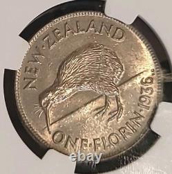 Nouvelle-Zélande 1936 Florin Superbe Gem BU RARE Date Clé Faible Tirage 160k NGC 63PQ LV
