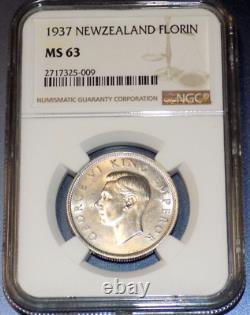 Nouvelle-Zélande 1937 Florin NGC MS63 Argent Semi-Clefs Haute Qualité KM10.1 UNC COIN KIWI
