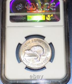 Nouvelle-Zélande 1937 Florin NGC MS63 Argent Semi-Clefs Haute Qualité KM10.1 UNC COIN KIWI