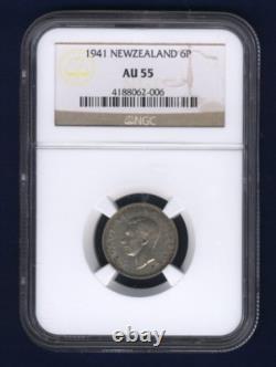 Nouvelle-Zélande 1941 Sixpence Monnaie en Argent Presque Non Circulée Certifiée NGC AU-55