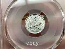 Nouvelle-Zélande 1942 3 Pences 1 Point PCGS AU58 Date Clé Variété